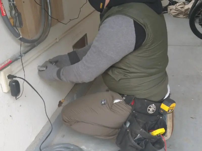 Electrician performing outlet wiring in a Celina garage